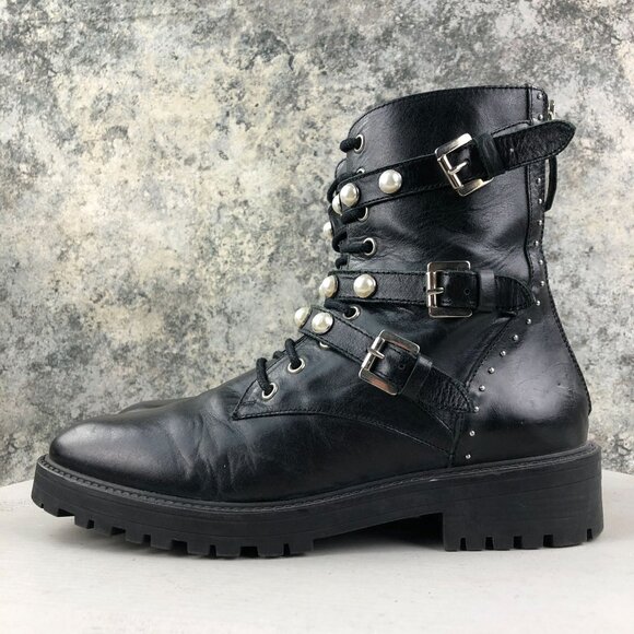 Zara Women's EU 39 Basic Collection Black Pearl Studded Lace-Up Combat Boots - Picture 7 of 15